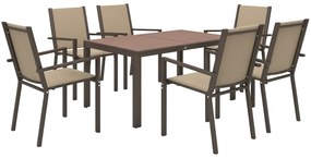Outsunny Set de Grădină din 7 Piese cu Masă din Plastic-Lemn și 6 Fotolii Stivuibile cu Șezut și Spătar, 150x90x73 cm, Maro | Aosom Romania