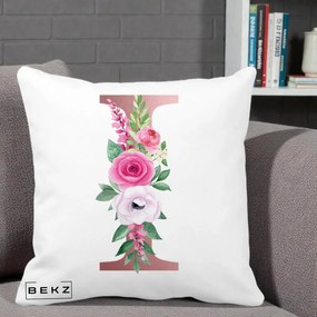 Cadou Personalizat - Perna Personalizata Monograma Rose Gold Litera I, 40x40 cm, Alba Mata, Husa Detasabila, Perna Inclusa, BEKZ®