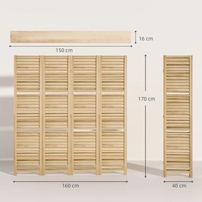 HOMCOM Paravan interior din lemn 4 panouri 160 x 170 cm, separator de cameră pliabil cu 3 rafturi, lemn natural | Aosom Romania