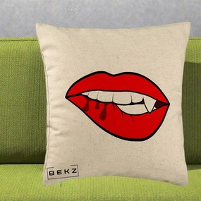 Perna Decorativa Vampire Lips Halloween, 40x40 cm, Bej, Husa Detasabila, Perna Inclusa, BEKZ®