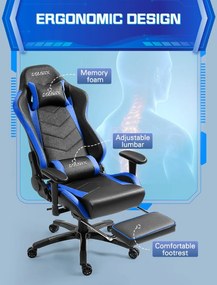 DOWINX Scaun gaming, ergonomic, suport lombar cu masaj, spătar rabatabil 90-180°, cotiere reglabile, suport pentru picioare, rezistent 150 kg, piele PU, Negru/Albastru