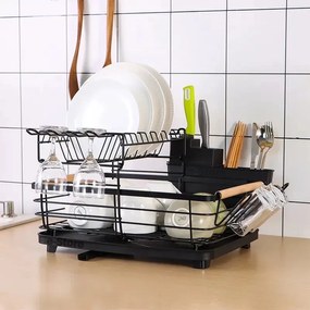 Scurgator, picurator vase chiuveta etajat, vintage, suport tacamuri, pahare, manere lemn, tub de scurgere, negru, 42x32x27cm