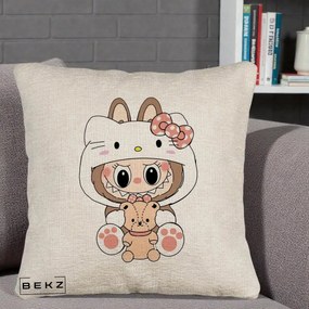 Perna Personalizata Labubu x Hello Kitty, 40x40 cm, Bej Canapea, Husa Detasabila, Perna Inclusa, BEKZ®