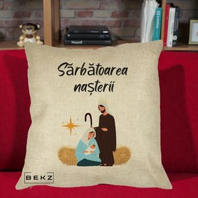 Perna Decorativa Nasterea Domnului Sfanta Familie Sarbatoarea Nasterii, 40x40 cm, Crem, Husa Detasabila, Perna Inclusa, BEKZ®