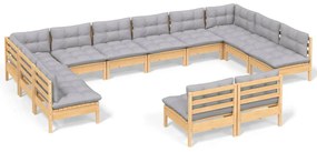 Set mobilier gradina cu perne, 12 piese, gri, lemn masiv pin Maro  si gri, 1
