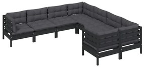 Set mobilier gradina cu perne, 8 piese, negru, lemn masiv pin Negru, 1