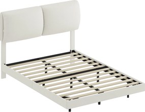 HOMCOM Pat dublu 135x190 cm Somier cu tăblie căptușită Efect plutitor Structură metalică Bej | Aosom Romania