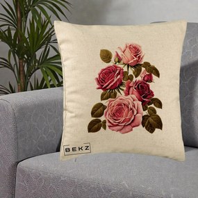 Perna Decorativa Trandafiri Vintage Roz-Rosii, 40x40 cm, Bej, Husa Detasabila, Perna Inclusa, BEKZ®