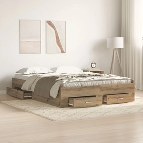 vidaXL Cadru de pat cu sertare, stejar artizanal, 135x190 cm, lemn