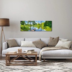 Tablou cu râu de vară și barcă (cu ceas) (90x30 cm)