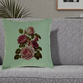 Perna Decorativa Trandafiri Vintage Roz-Rosii, 40x40 cm, Verde, Husa Detasabila, Perna Inclusa, BEKZ®