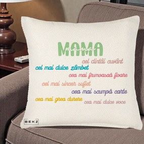 Cadou pentru Mama - Perna Personalizata Mama Cel Dintai Cuvant cu Text Colorat Multicolor, 40x40 cm, Crem Reliefat, Husa Detasabila, Perna Inclusa, BEKZ®
