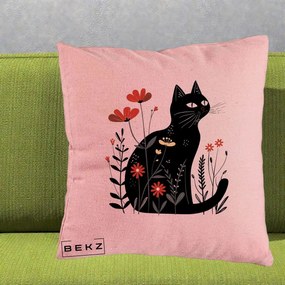 Perna Decorativa Pisica Neagra Flori Rosii Folk, 40x40 cm, Roz, Husa Detasabila, Perna Inclusa, BEKZ®