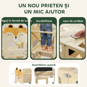 Turn Montessori AIYAPLAY pentru Copii 2-5 Ani cu Tablă și Măsuță, Scăunel pentru Copii din Placaj, 57x39x93 cm, Culoare Lemn | Aosom Romania