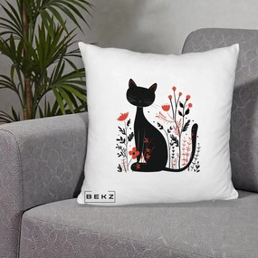 Perna Decorativa Pisica Neagra Flori Rosii Folk Minimal, 40x40 cm, Alb Pufos, Husa Detasabila, Perna Inclusa, BEKZ®