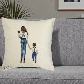 Cadou pentru Mama - Perna Personalizata Mom of Boys Mama cu Baietii, 40x40 cm, Ecru, Husa Detasabila, Perna Inclusa, BEKZ®