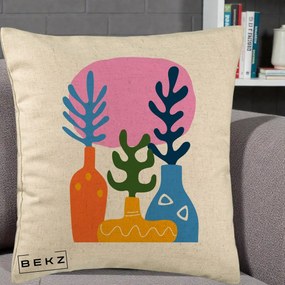 Perna Decorativa Vaze Botanice Abstract, 40x40 cm, Bej, Husa Detasabila, Perna Inclusa, BEKZ®