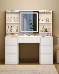 Masuta machiaj cu Oglinda LED si 7 Sertare pentru Cosmetice, Set Masa toaleta 108 cm, Alb, masuta cosmetica, vanity - SEA4