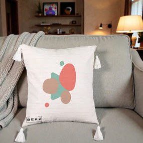 Perna Decorativa Abstract Forme Coral Turcoaz, 40x40 cm, Bej cu Franjuri, Husa Detasabila, Perna Inclusa, BEKZ®