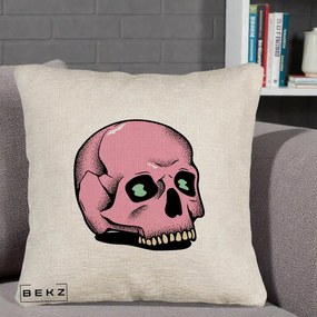 Perna Decorativa Craniu Roz Tatoo Art Halloween, 40x40 cm, Bej Canapea, Husa Detasabila, Perna Inclusa, BEKZ®