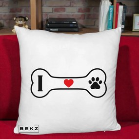 Perna Personalizata I Love Dog Os si Labuta, 40x40 cm, Alb Pufos, Husa Detasabila, Perna Inclusa, BEKZ®