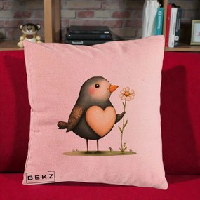 Perna Decorativa Pasare cu Inima si Margareta, 40x40 cm, Roz, Husa Detasabila, Perna Inclusa, BEKZ®