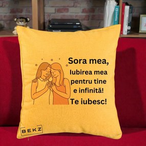 Cadou pentru Sora - Perna Personalizata Sora Mea Te Iubesc Imbratisare cu Sclipiri, 40x40 cm, Galben, Husa Detasabila, Perna Inclusa, BEKZ®