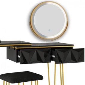 SEN239 - Set Masa toaleta, 120 cm, cosmetica machiaj, oglinda cu LED, masuta vanity, scaun tapitat - Negru-Auriu