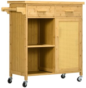 HOMCOM Cărucior de bucătărie din bambus, Cărucior multifuncțional, Cărucior de servire, 2 sertare, 1 dulap,  2 rafturi, Natural | Aosom Romania