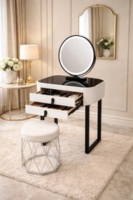 Set Bianca, Masă de toaletă pentru machiaj cu oglindă iluminată LED, control touch, taburet tapitat, 60x38x76 cm, Alb/Negru