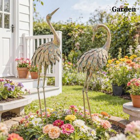 Outsunny Set de 2 statui de grădină, sculptură de stârc din metal, statui de păsări 91/95cm, pentru curte, iaz, terasă, auriu/albastru | Aosom Romania