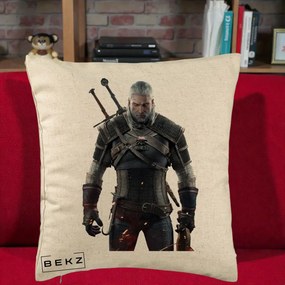 Perna Personalizata The Witcher Geralt of Rivia Portret, 40x40 cm, Bej, Husa Detasabila, Perna Inclusa, BEKZ®