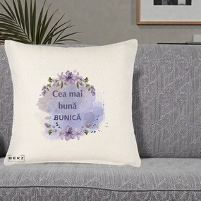 Cadou pentru Bunica - Perna Personalizata Cea Mai Buna Bunica Flori Mov Acuarela Negru, 40x40 cm, Crem Reliefat, Husa Detasabila, Perna Inclusa, BEKZ®