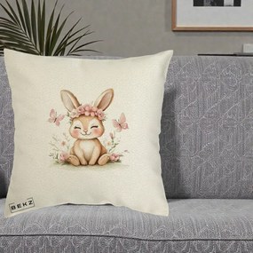 Perna Decorativa Iepuras cu Coronita Florala Roz, 40x40 cm, Ecru, Husa Detasabila, Perna Inclusa, BEKZ®