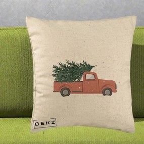 Perna Decorativa Camioneta Terracotta Brad de Craciun, 40x40 cm, Bej, Husa Detasabila, Perna Inclusa, BEKZ®