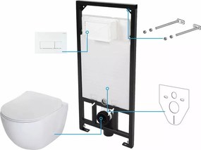 Set vas WC suspendat Deante Peonia Zero alb cu cadru de toaleta, rezervor ascuns si buton de actiune alb
