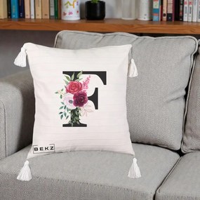 Cadou Personalizat - Perna Personalizata Monograma Florala Litera F, 40x40 cm, Bej cu Franjuri, Husa Detasabila, Perna Inclusa, BEKZ®