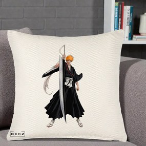Perna Personalizata Bleach Ichigo Kurosaki Zangetsu, 40x40 cm, Crem Reliefat, Husa Detasabila, Perna Inclusa, BEKZ®