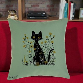 Perna Decorativa Pisica Neagra Ochi Galbeni Flori Galbene, 40x40 cm, Verde, Husa Detasabila, Perna Inclusa, BEKZ®