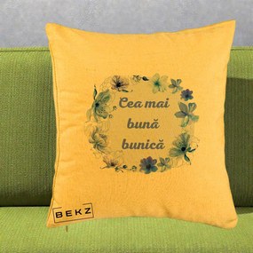 Cadou pentru Bunica - Perna Personalizata Cea Mai Buna Bunica Coronita Flori Albastre Acuarela, 40x40 cm, Galben, Husa Detasabila, Perna Inclusa, BEKZ®