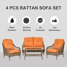Set Mobilier de Gradina Outsunny, Ratan PE, 2 fotolii si Masa cu Perne, Kaki, Portocaliu | Aosom Romania