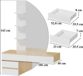 Masuta machiaj cu Oglinda LED si 4 Sertare pentru Cosmetice, Set Masa toaleta 106 cm, Alb - Maro, masuta cosmetica, vanity cu Riflaj si Rafturi -