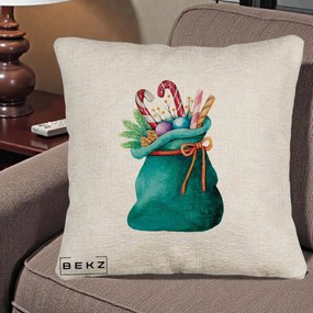 Perna Decorativa Saculet Cadouri Mos Craciun Acuarela Verde, 40x40 cm, Bej Canapea, Husa Detasabila, Perna Inclusa, BEKZ®