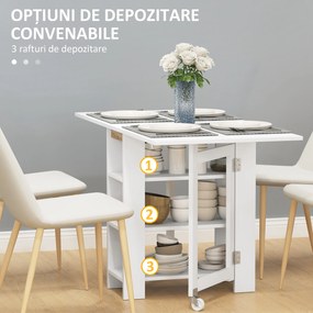 HOMCOM Masă Pliabilă Rabatabilă cu Roți, 2 Părți Rabatabile și Rafturi, 120x60x75 cm, Alb | Aosom Romania