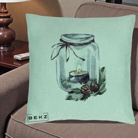 Perna Decorativa Felinar cu Lumanare si Conuri, 40x40 cm, Verde Menta, Husa Detasabila, Perna Inclusa, BEKZ®