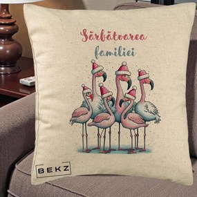 Perna Decorativa Flamingo Craciun Sarbatoarea Familiei, 40x40 cm, Bej, Husa Detasabila, Perna Inclusa, BEKZ®