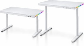 Birou Gaming Electric, Reglabil pe Înălțime 72–117 cm, 2 motoare, iluminare RGB cu telecomandă, încărcare wireless, memorie 2 poziții, sertar integrat, 160× 60 cm, Alb