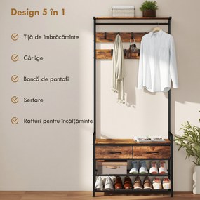 HOMCOM Cuier de Podea 5 în 1, 181,5 cm, cu Bancă și Suport pentru Încălțăminte, 10 Cârlige, Metal, Maro Rustic | Aosom Romania