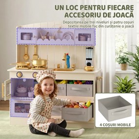 AIYAPLAY Bucătărie de Jucărie pentru Copii din Lemn, cu Lumini și Sunete, 4 Sertare din Material Textil, 12 Accesorii, Cadou, 3-6 Ani | Aosom Romania