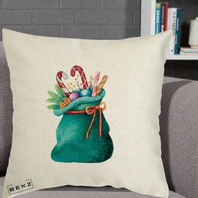 Perna Decorativa Saculet Cadouri Mos Craciun Acuarela Verde, 40x40 cm, Ecru, Husa Detasabila, Perna Inclusa, BEKZ®
